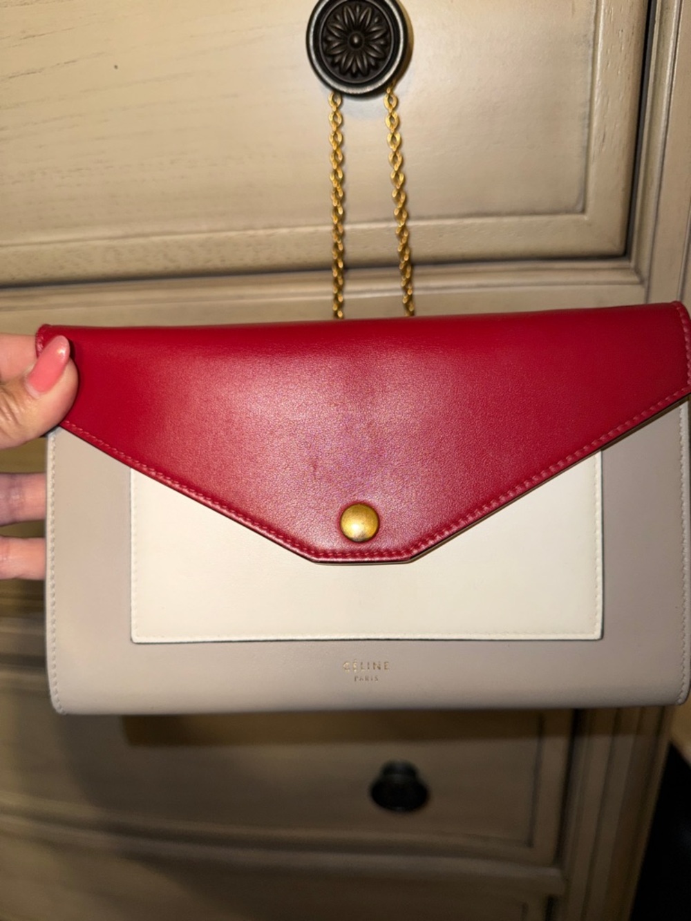 Celine Women’s Colorblock Chain Crossbody Bag - Red, White, Taupe - Picture 2 of 6